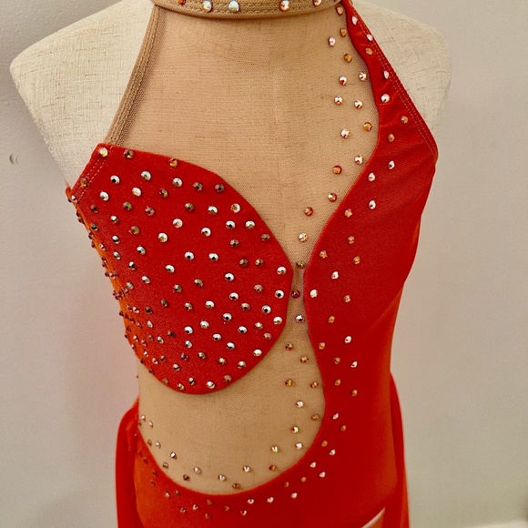 Dance Costume - Orange Leotard with mesh back skirt / Stoned - Picture 2 of 3